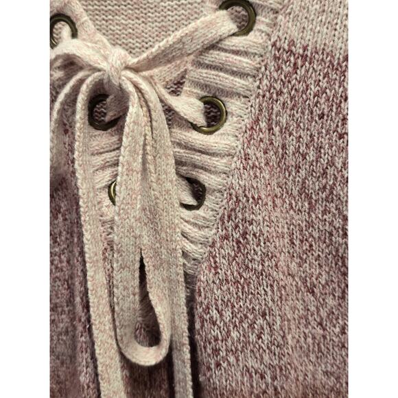 SOHO New York & Co Jeans Sweater Size M Cream Pink Mauve Wine Striped Laced Tie - Picture 5 of 6